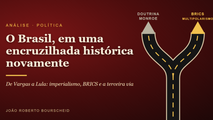 Estrada que se divide em dois caminhos: Doutrina Monroe e BRICS